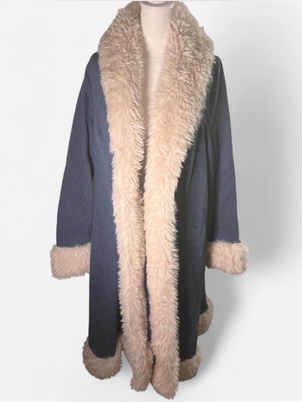 Social Collision Hot Topic Penny Lane Faux Fur Trim Denim Maxi Coat Jacket XL